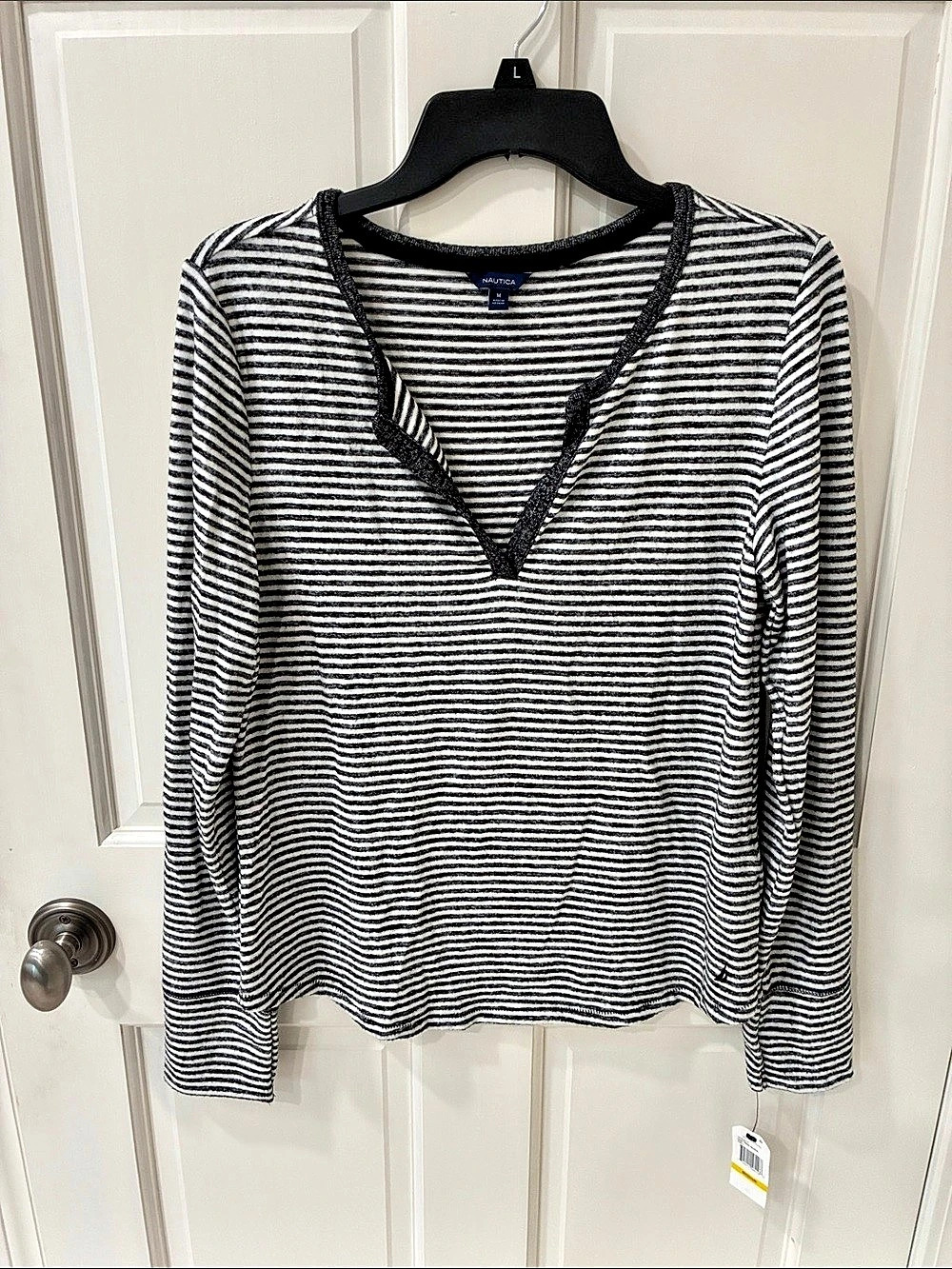 Nautica Striped Long Sleeve Top in Black & White Size Medium NWT